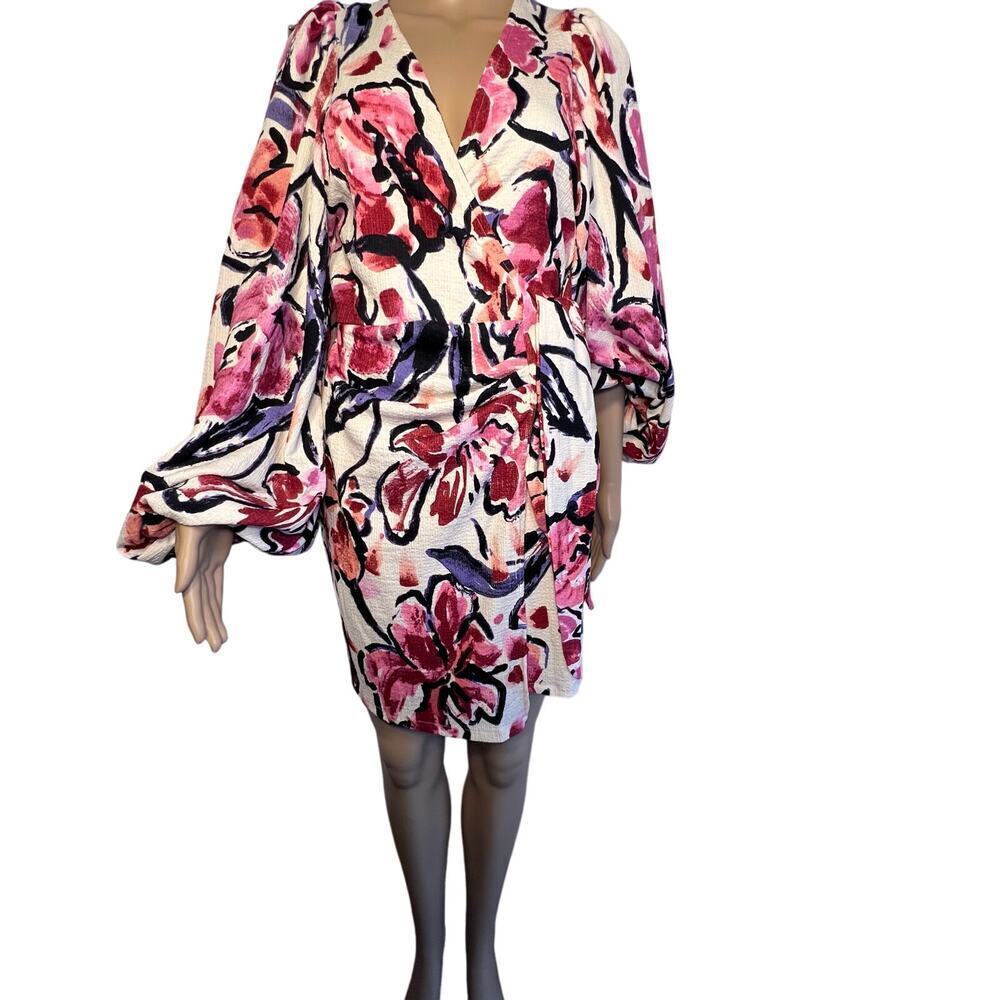 H&M ladies XS puff elastic sleeve red pink maroon wrap dress coverup floral mini - Picture 3 of 10